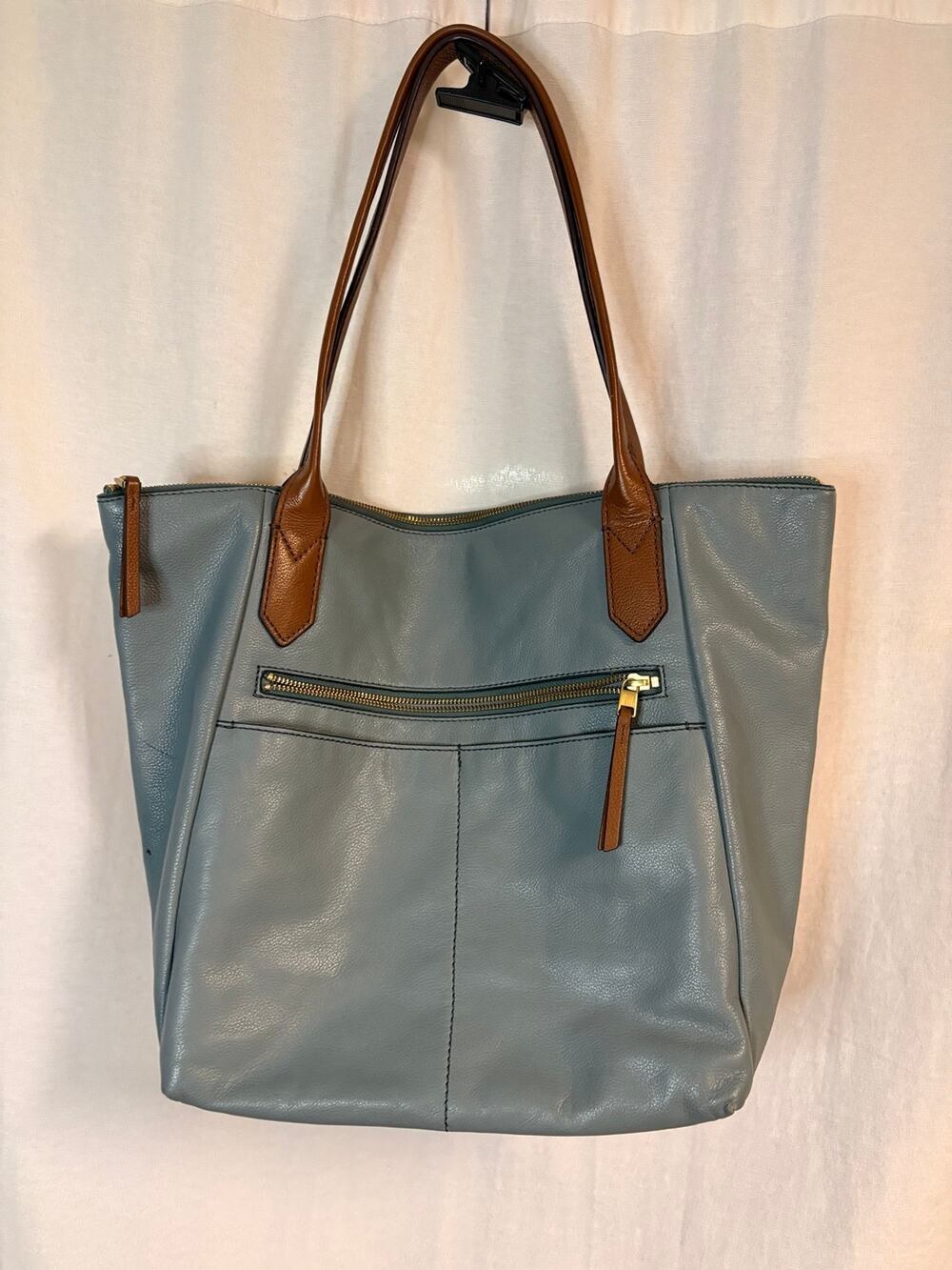 Fossil Blue Gray Leather Tote Bag Brown Handles Large Shoulder Bag